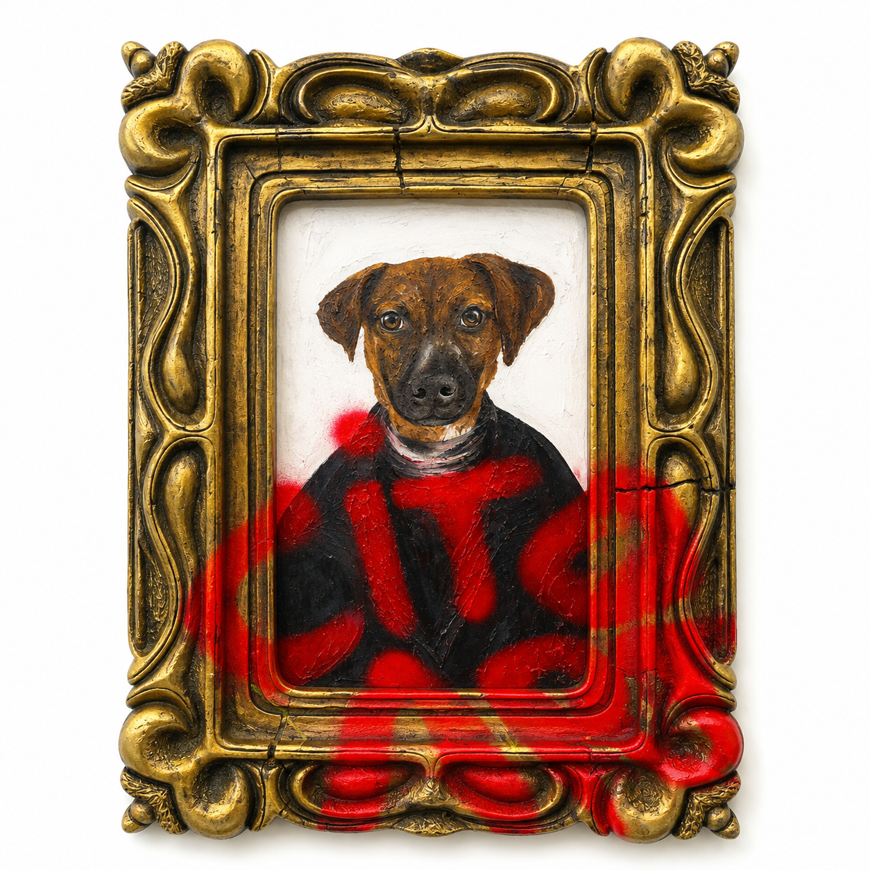 Retrato pintado a mano de un perro con marco dorado