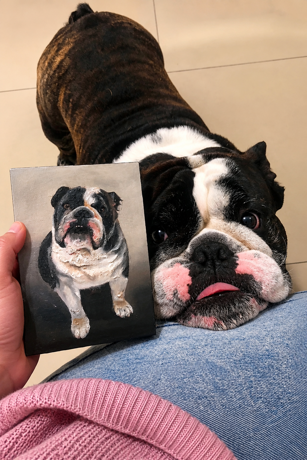 Retrato pintado a mano de un bulldog junto a la mascota real