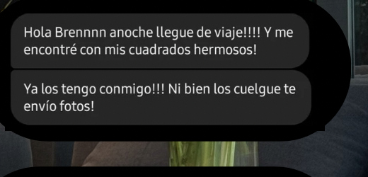 Captura de chat de Instagram de una clienta: "Hola Brennnn anoche llegue de viaje y me encontré con mis cuadros hermosos, ya los tengo conmigo"